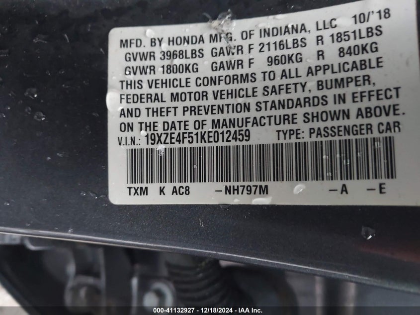 2019 HONDA INSIGHT EX - 19XZE4F51KE012459