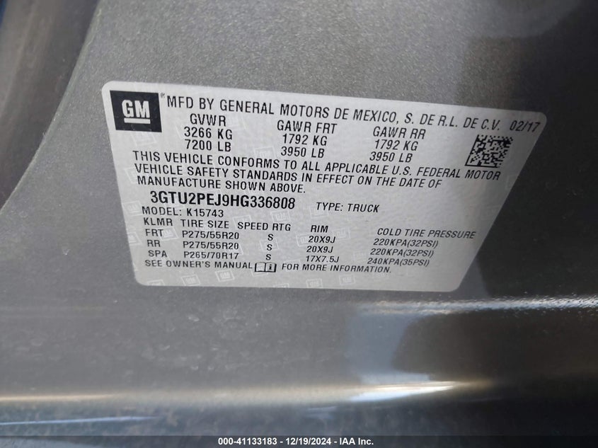 2017 GMC SIERRA 1500 VIN: 3GTU2PEJ9HG336808