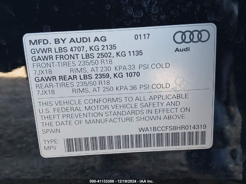 2017 AUDI Q3 2.0T PREMIUM - WA1BCCFS8HR014319