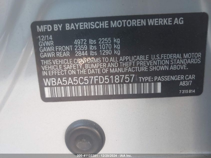 VIN WBA5A5C57FD518757 2015 BMW 5 Series, 528I no.9