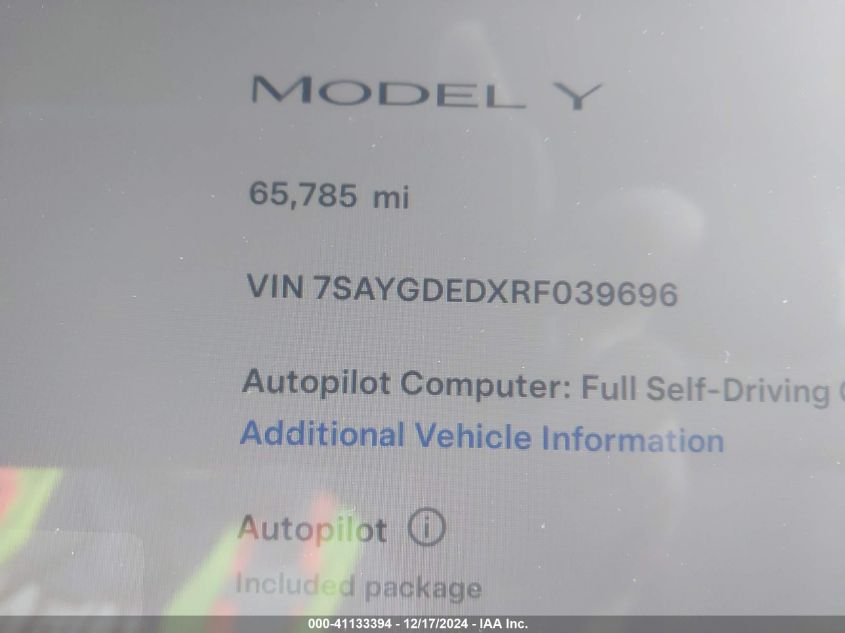 2024 Tesla Model Y Long Range Dual Motor All-Wheel Drive/Rwd VIN: 7SAYGDEDXRF039696 Lot: 41133394