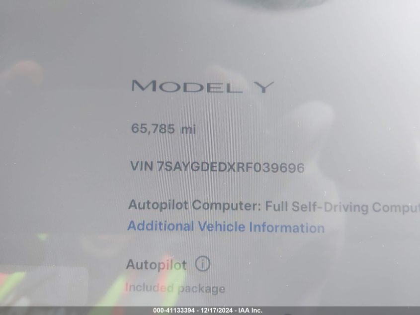 2024 Tesla Model Y Long Range Dual Motor All-Wheel Drive/Rwd VIN: 7SAYGDEDXRF039696 Lot: 41133394