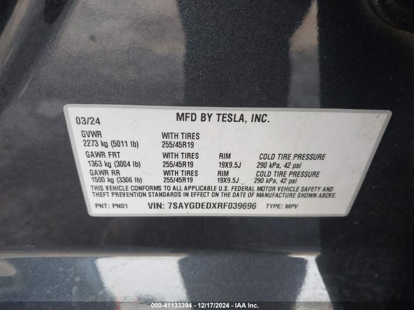 2024 Tesla Model Y Long Range Dual Motor All-Wheel Drive/Rwd VIN: 7SAYGDEDXRF039696 Lot: 41133394