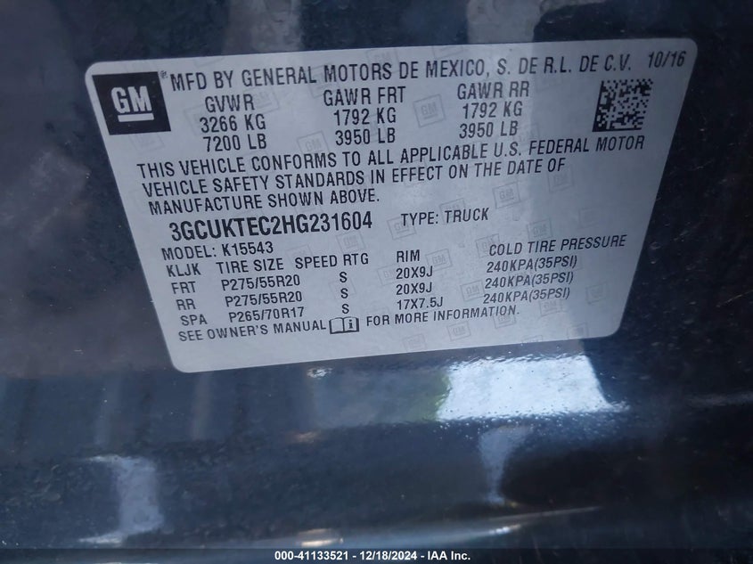 2017 CHEVROLET SILVERADO 1500 VIN: 3GCUKTEC2HG231604