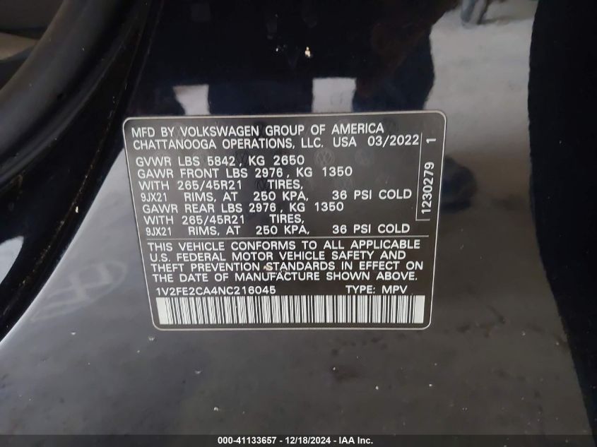 VIN 1V2FE2CA4NC216045 2022 Volkswagen Atlas, Cross... no.9