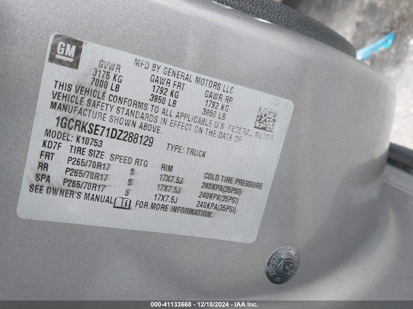 2013 CHEVROLET SILVERADO VIN: 1GCRKSE71DZ288129
