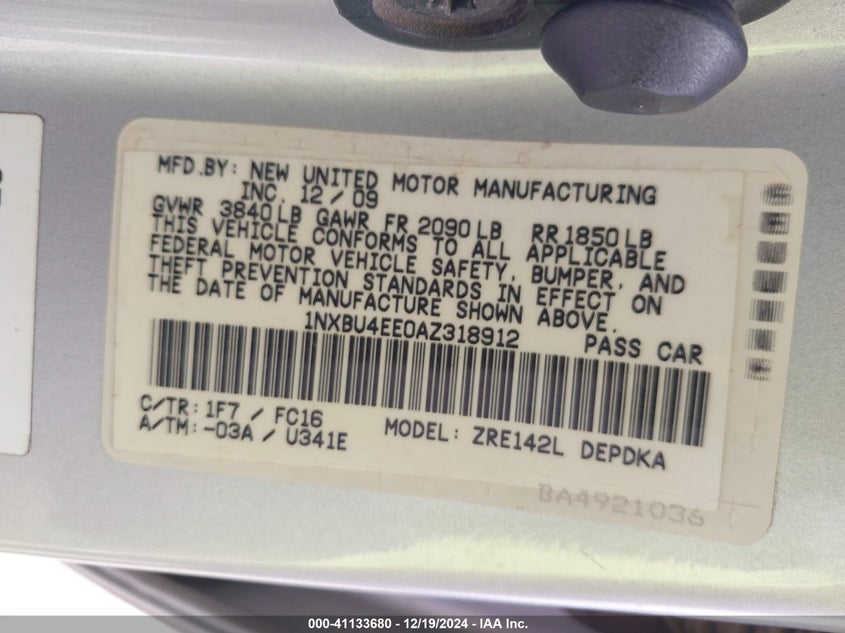 2010 TOYOTA COROLLA VIN: 1NXBU4EE0AZ318912