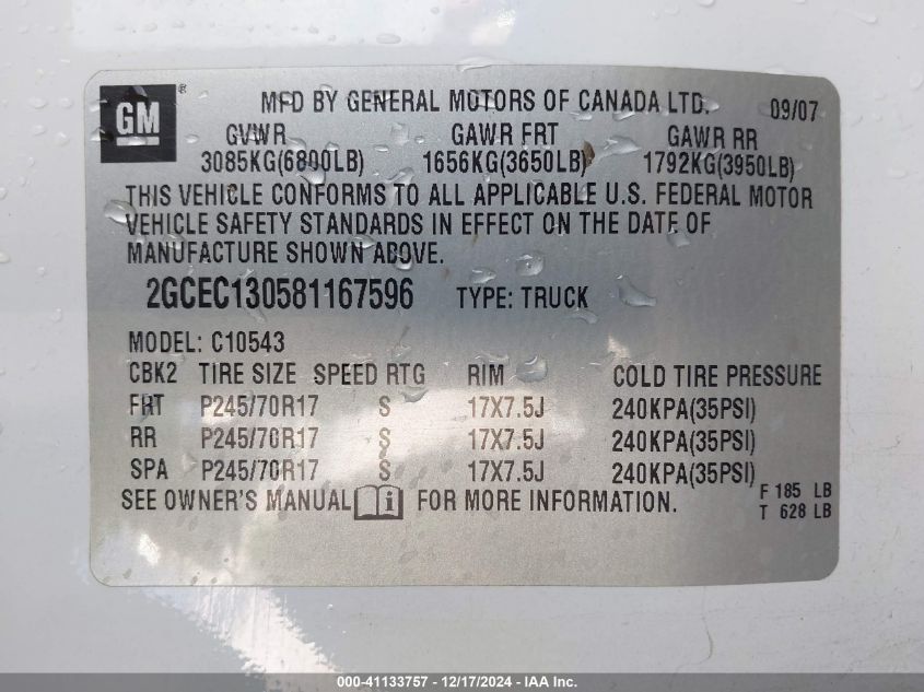 2008 Chevrolet Silverado 1500 Lt1 VIN: 2GCEC130581167596 Lot: 41133757