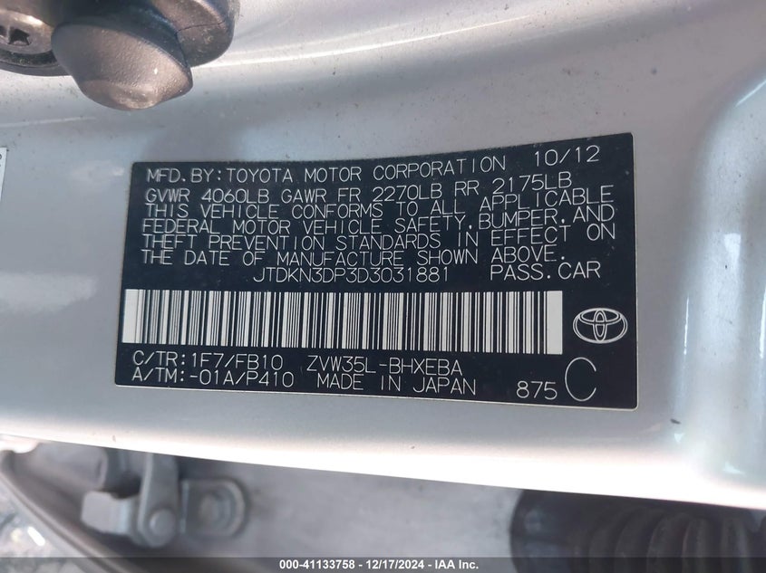 2013 TOYOTA PRIUS PLUG-IN VIN: JTDKN3DP3D3031881