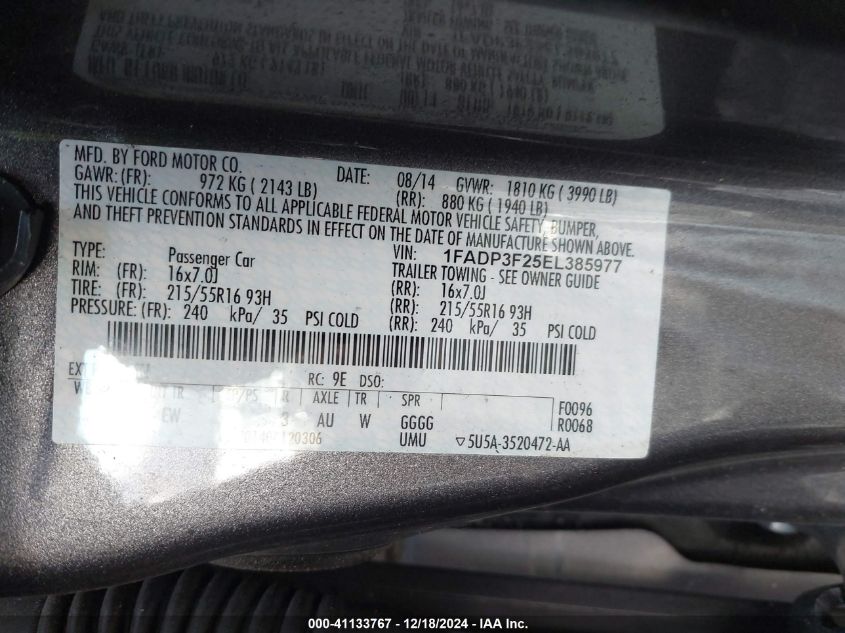 VIN 1FADP3F25EL385977 2014 FORD FOCUS no.9