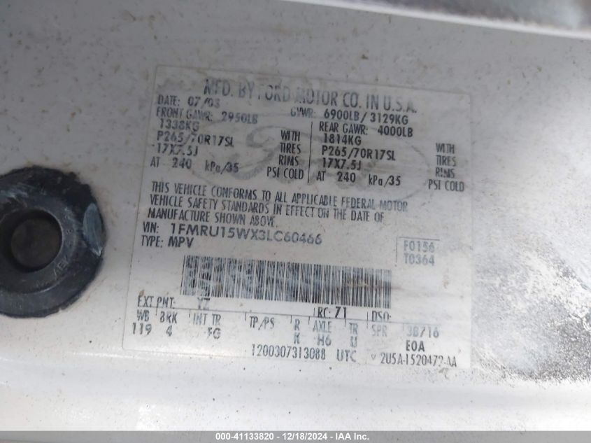 2003 Ford Expedition Xlt VIN: 1FMRU15WX3LC60466 Lot: 41133820