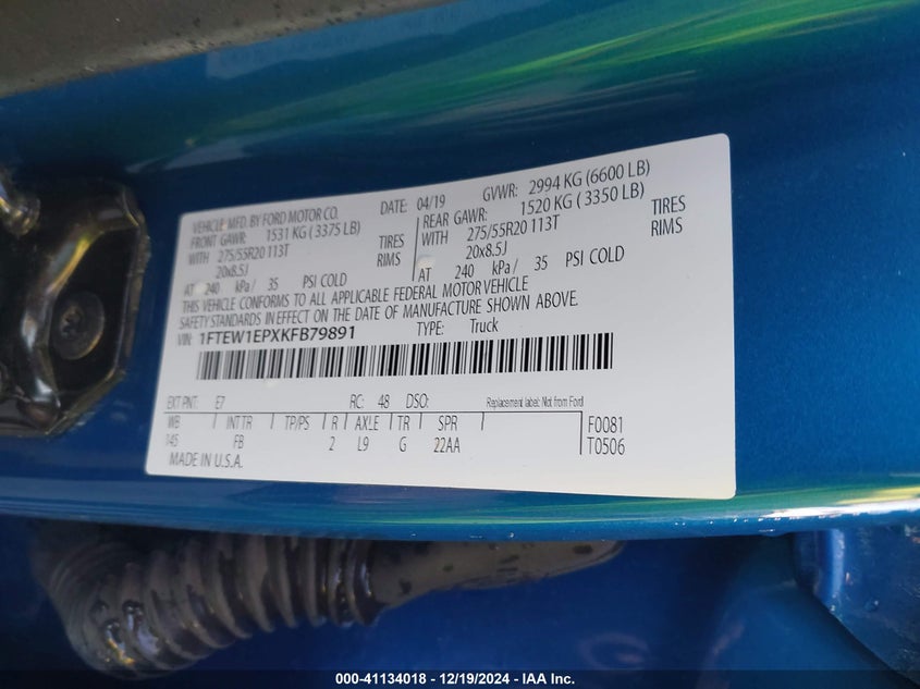 2019 FORD F-150 VIN: 1FTEW1EPXKFB79891