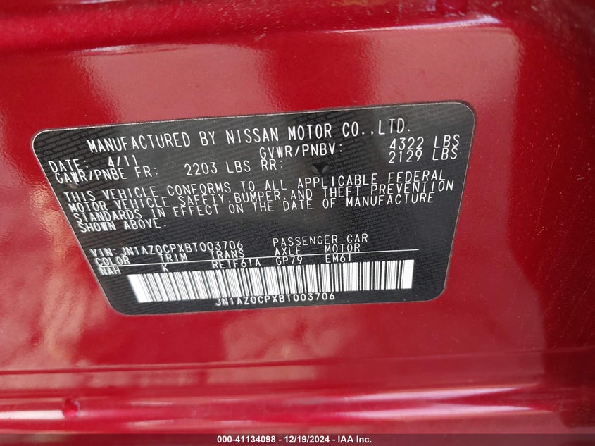 2011 NISSAN LEAF VIN: JN1AZ0CPXBT003706