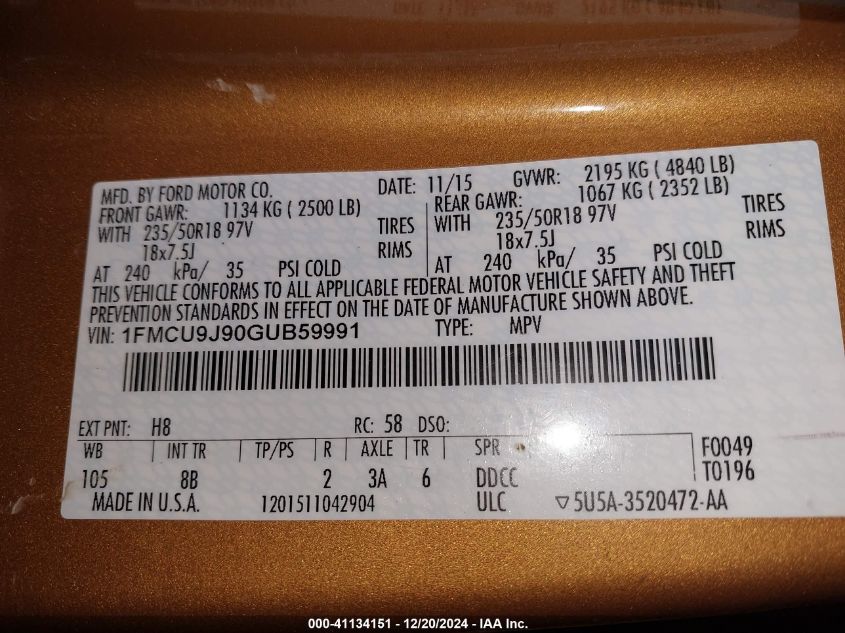 2016 Ford Escape Titanium VIN: 1FMCU9J90GUB59991 Lot: 41134151