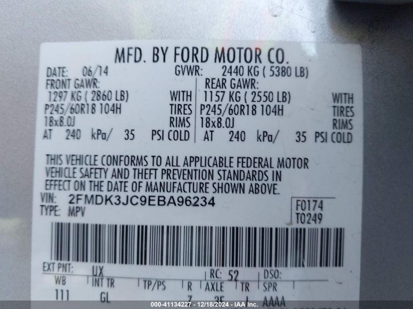 VIN 2FMDK3JC9EBA96234 2014 Ford Edge, Sel no.9