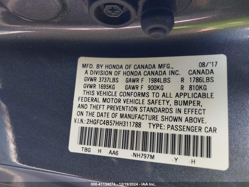 2017 HONDA CIVIC VIN: 2HGFC4B57HH311788