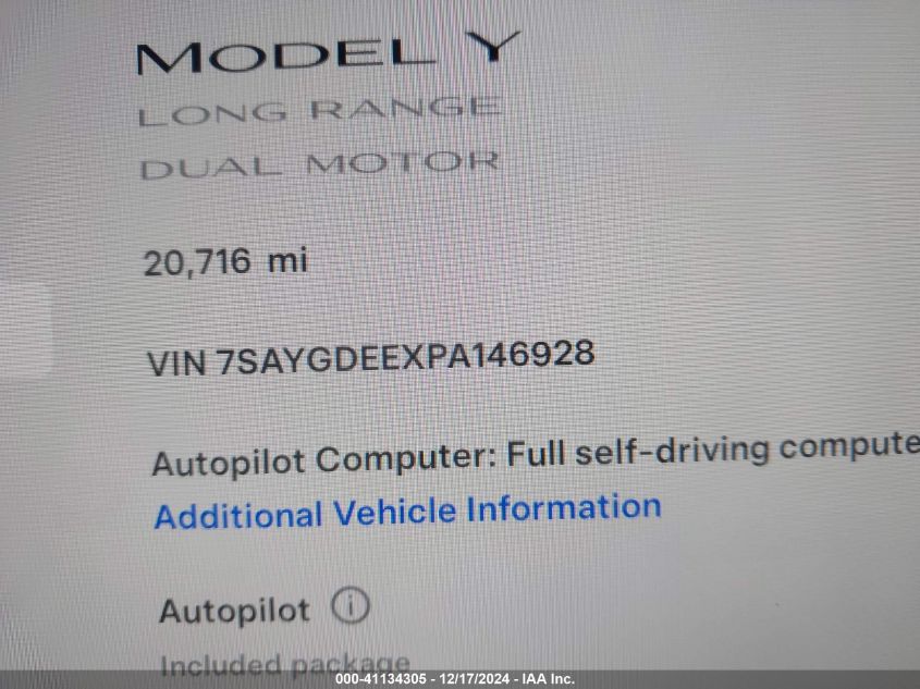 2023 Tesla Model Y Awd/Long Range Dual Motor All-Wheel Drive VIN: 7SAYGDEEXPA146928 Lot: 41134305