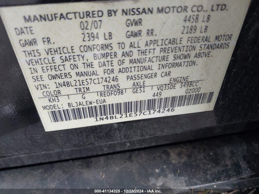 2007 NISSAN ALTIMA VIN: 1N4BL21E57C174246