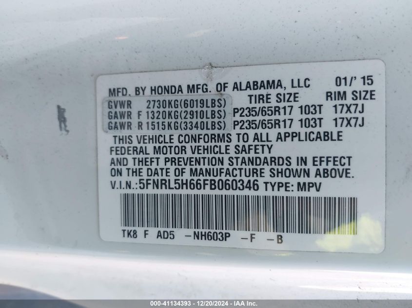 VIN 5FNRL5H66FB060346 2015 Honda Odyssey, Ex-L no.9