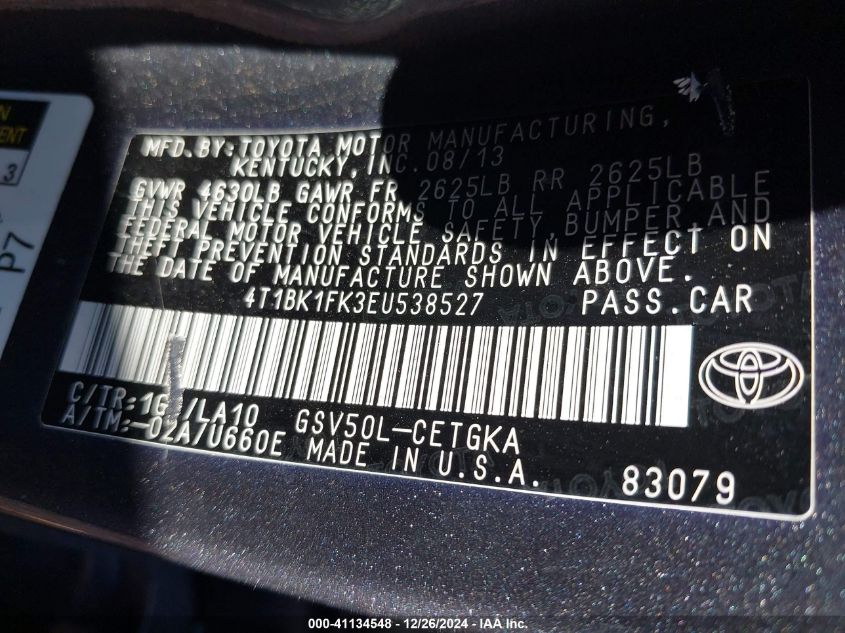 VIN 4T1BK1FK3EU538527 2014 Toyota Camry, Xle V6 no.9