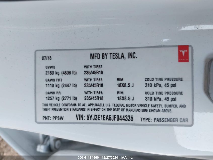 2018 TESLA MODEL 3 LONG RANGE/MID RANGE - 5YJ3E1EA6JF044335