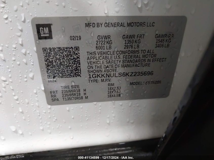 VIN 1GKKNULS6KZ235696 2019 GMC ACADIA no.9