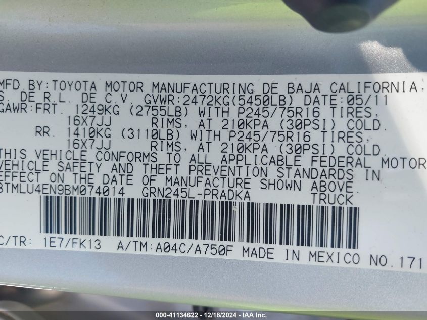 2011 Toyota Tacoma Double Cab VIN: 3TMLU4EN9BM074014 Lot: 41134622