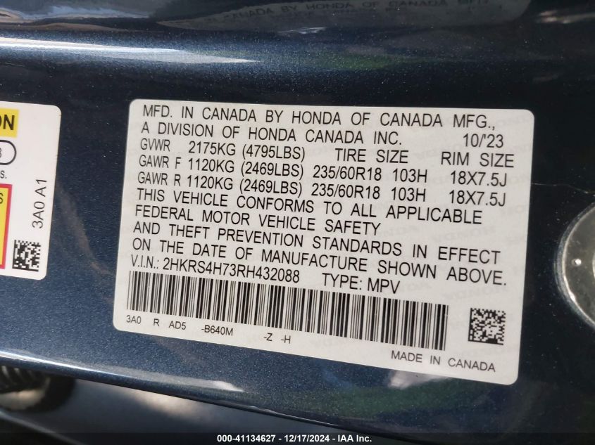 VIN 2HKRS4H73RH432088 2024 Honda CR-V, Ex-L Awd no.9