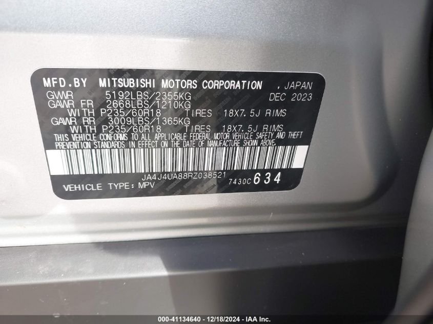 2024 Mitsubishi Outlander Es 2.5 S-Awc VIN: JA4J4UA88RZ038521 Lot: 41134640