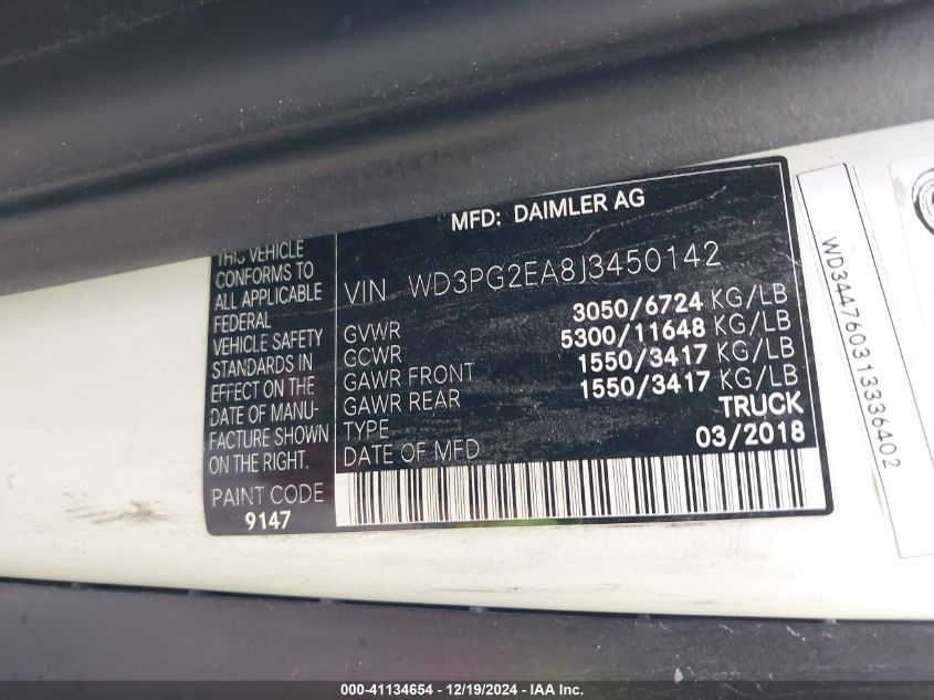 VIN WD3PG2EA8J3450142 2018 MERCEDES-BENZ METRIS no.9