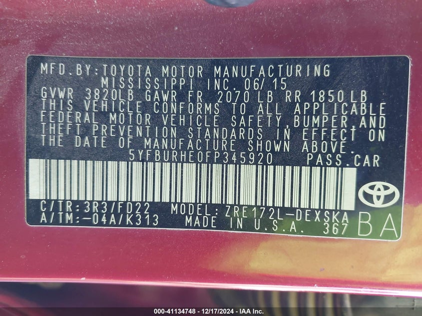 2015 TOYOTA COROLLA S - 5YFBURHE0FP345920