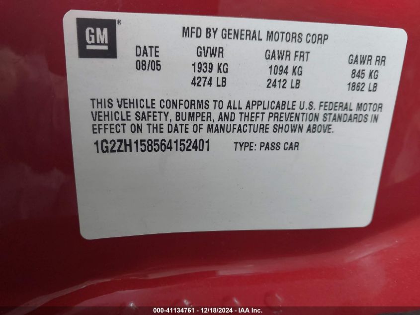 2006 Pontiac G6 Gt VIN: 1G2ZH158564152401 Lot: 41134761