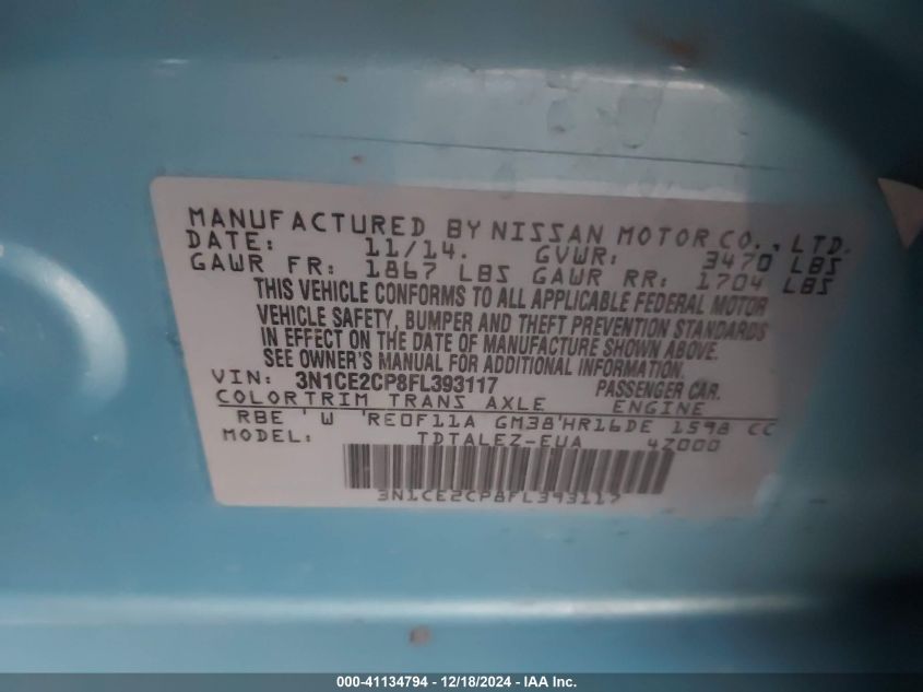 VIN 3N1CE2CP8FL393117 2015 Nissan Versa, Note SL no.9