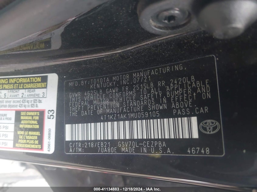 2021 TOYOTA CAMRY VIN: 4T1KZ1AK1MU059105