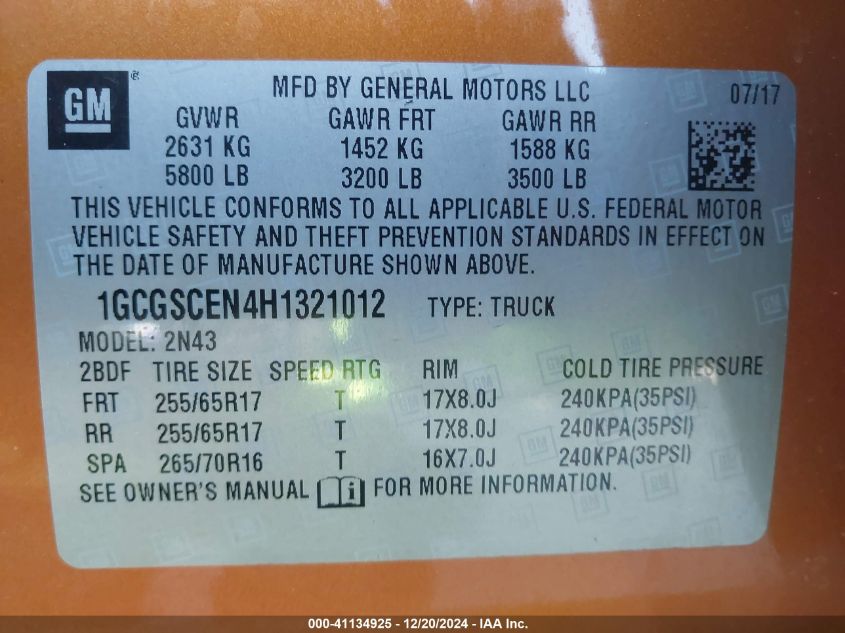 2017 Chevrolet Colorado Lt VIN: 1GCGSCEN4H1321012 Lot: 41134925