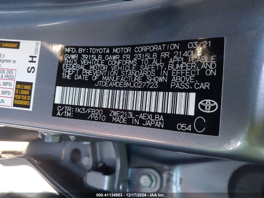 2021 TOYOTA COROLLA HYBRID LE - JTDEAMDE8MJ027723