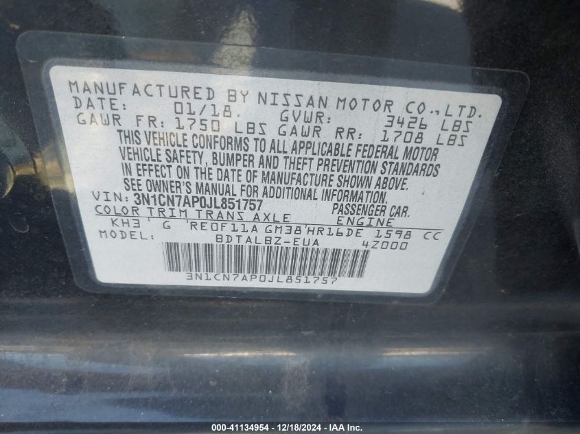 VIN 3N1CN7AP0JL851757 2018 Nissan Versa, 1.6 SV no.9