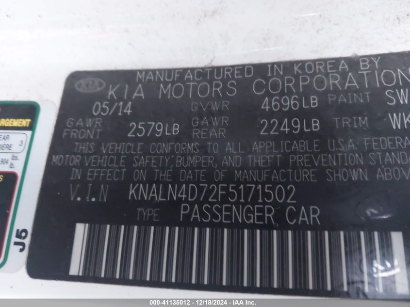 VIN KNALN4D72F5171502 2015 KIA CADENZA no.9