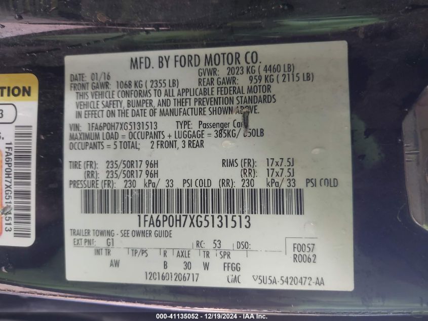 VIN 1FA6P0H7XG5131513 2016 FORD FUSION no.9