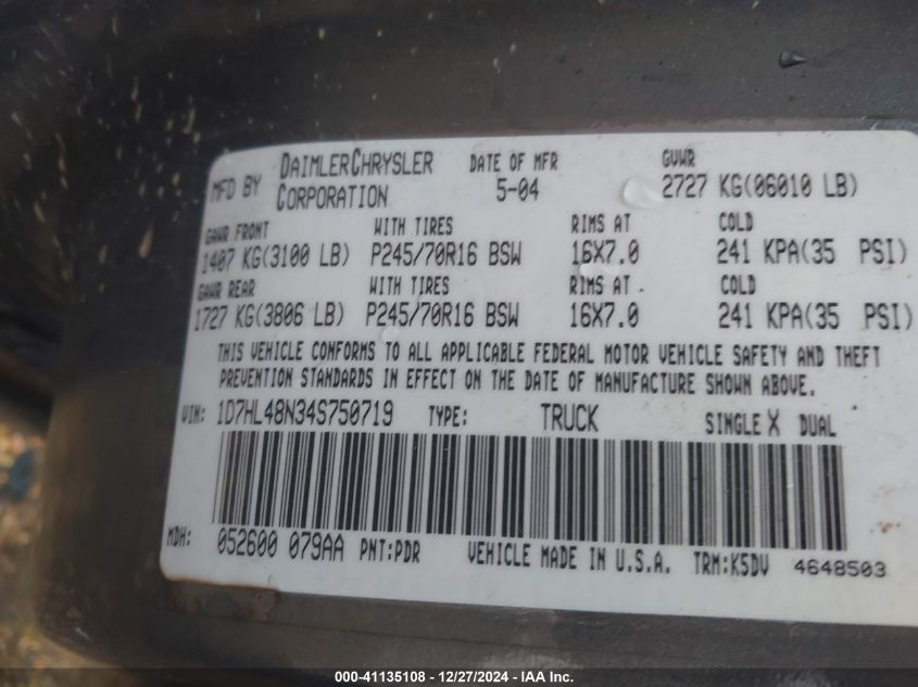 2004 Dodge Dakota Slt VIN: 1D7HL48N34S750719 Lot: 41135108