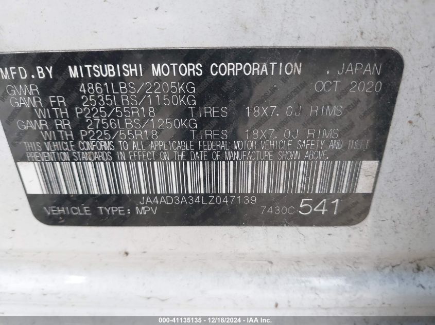 2020 Mitsubishi Outlander Le 2.4/Se 2.4/Sel 2.4/Sp 2.4 VIN: JA4AD3A34LZ047139 Lot: 41135135