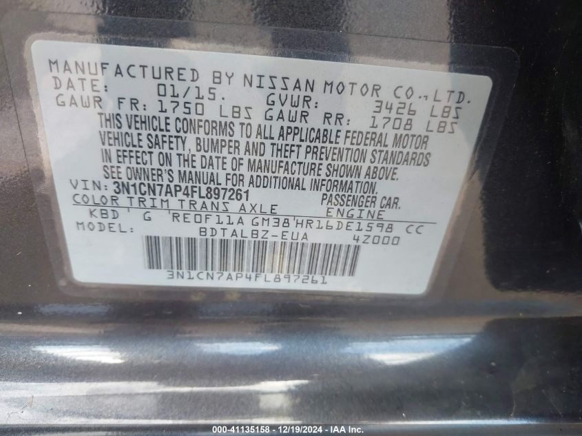 VIN 3N1CN7AP4FL897261 2015 Nissan Versa, 1.6 S/1.6... no.9