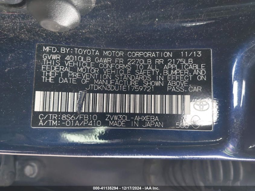 VIN JTDKN3DU1E1759721 2014 Toyota Prius, Two no.9