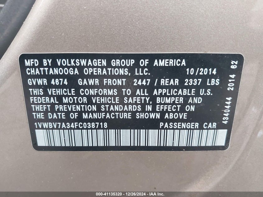 2015 VOLKSWAGEN PASSAT VIN: 1VWBV7A34FC038718