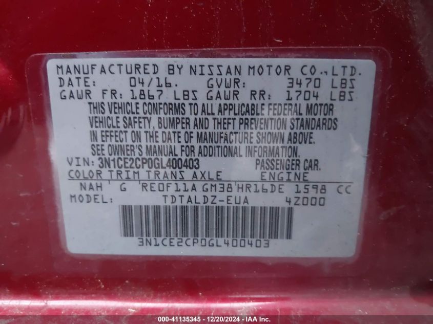 VIN 3N1CE2CP0GL400403 2016 Nissan Versa, Note SV no.9