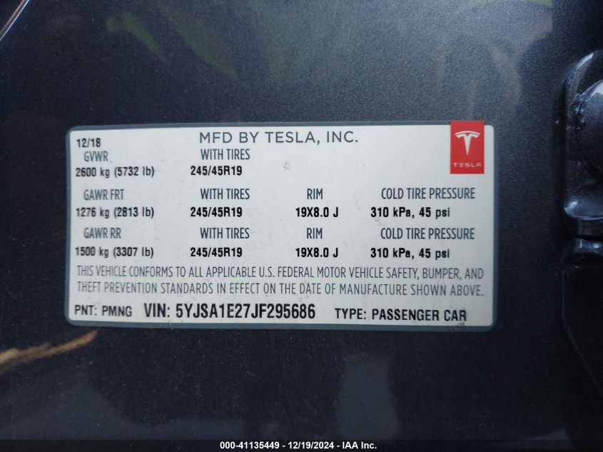 2018 Tesla Model S 100D/75D/P100D VIN: 5YJSA1E27JF295686 Lot: 41135449