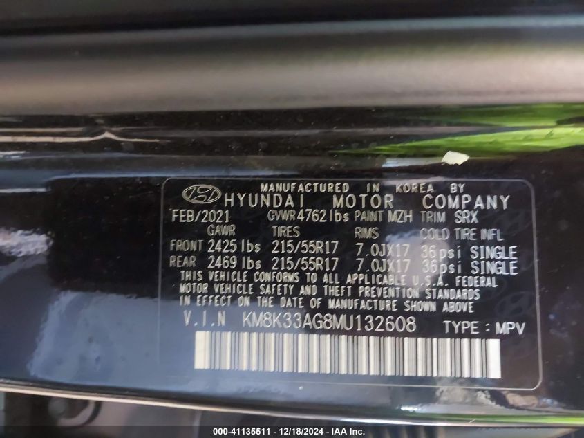 2021 Hyundai Kona Electric Limited VIN: KM8K33AG8MU132608 Lot: 41135511