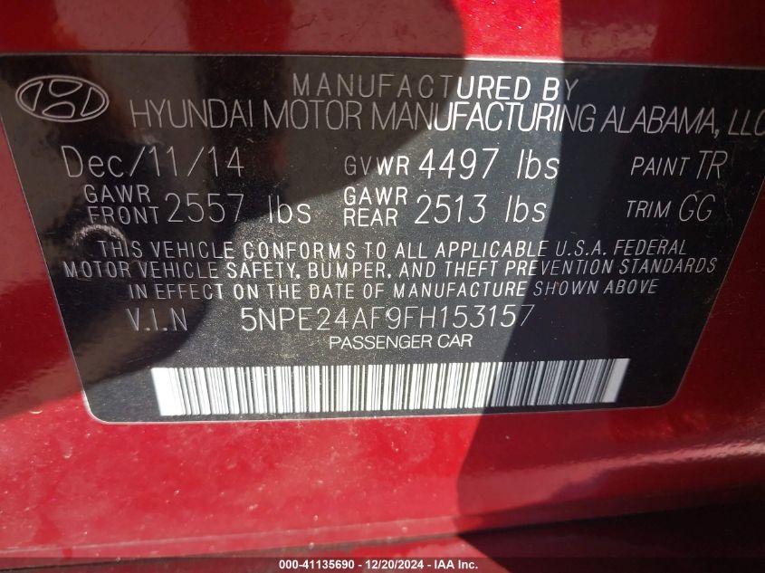 VIN 5NPE24AF9FH153157 2015 Hyundai Sonata, SE no.9