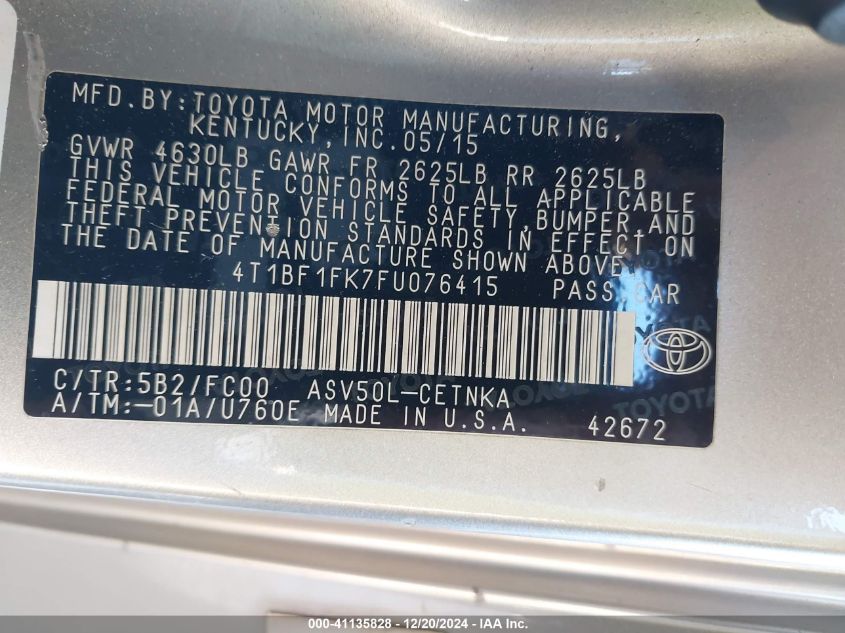 VIN 4T1BF1FK7FU076415 2015 Toyota Camry, LE no.9