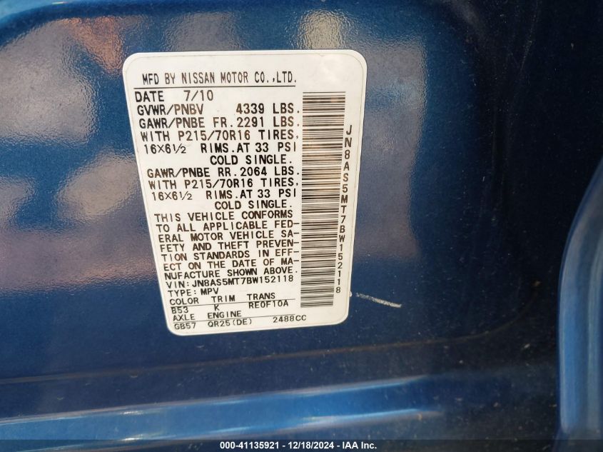 2011 Nissan Rogue S VIN: JN8AS5MT7BW152118 Lot: 41135921